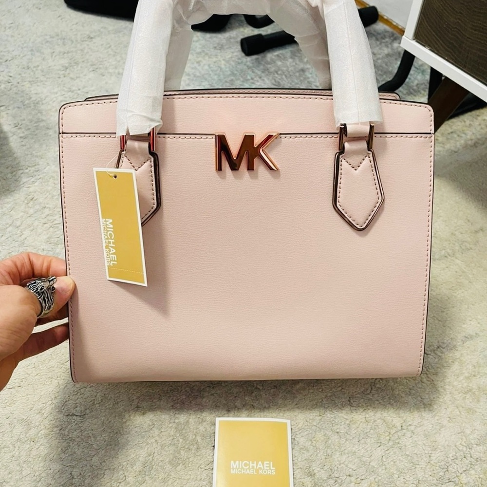NWT Michael Kors Mott Large Saffiano Leather Satchel Bag In Power Blush Color - Picture 4 of 13
